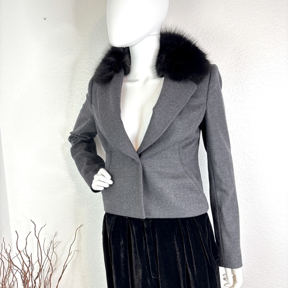 MONIQUE LHUILLIER Wool Jacket with Black Fox Fur Collar